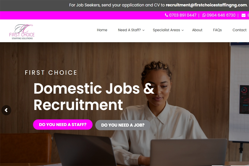 Screenshot of the First Choice Staffing Solutions website