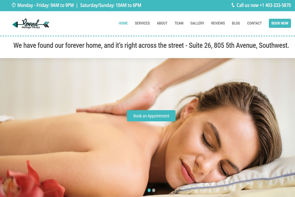Screenshot of the Rewind Massage Therapy website